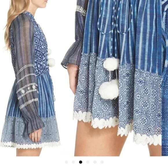 Hemant & Nandita Indigo Blue Print Boho Tassel Long Sleeve Flowy Mini Dress Sz L - Picture 2 of 12